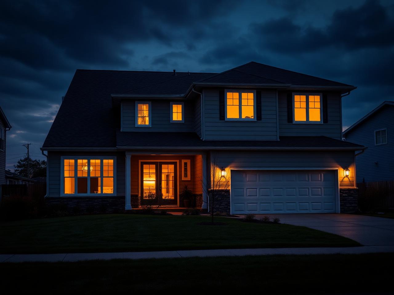 Generic suburban house exterior at dusk